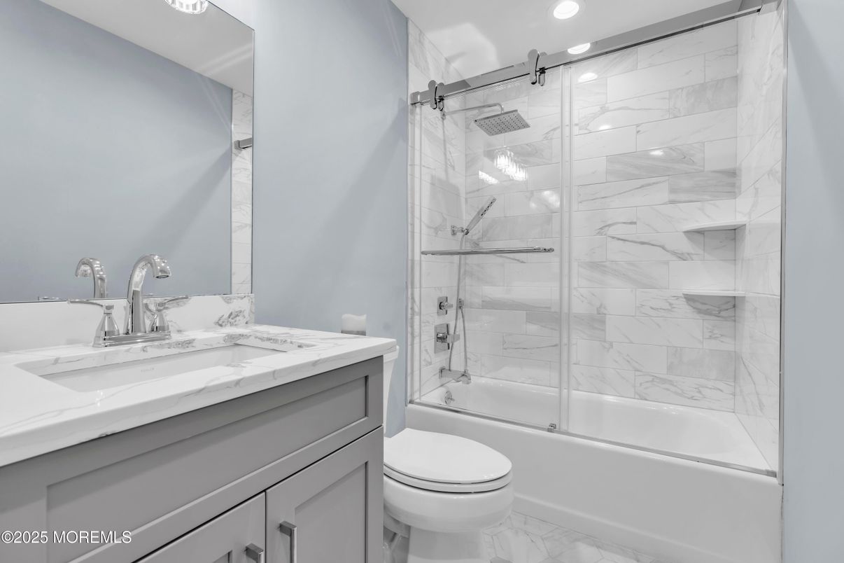 Bathroom, Glass Shower, Interior, Marble, Marble Walls, Recessed Lighting