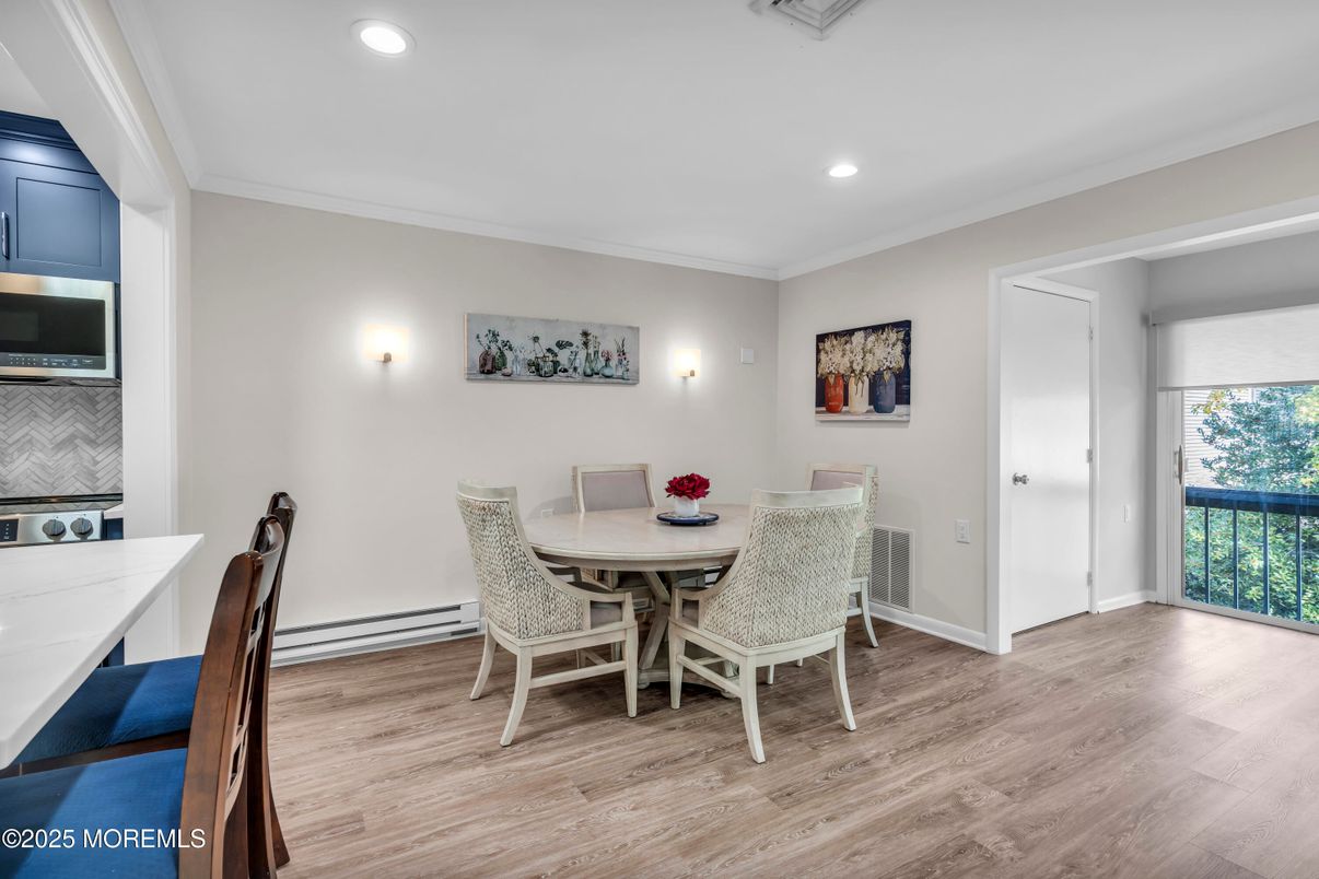 Dining room, Interior, Recessed Lighting, Wood Texture Flooring