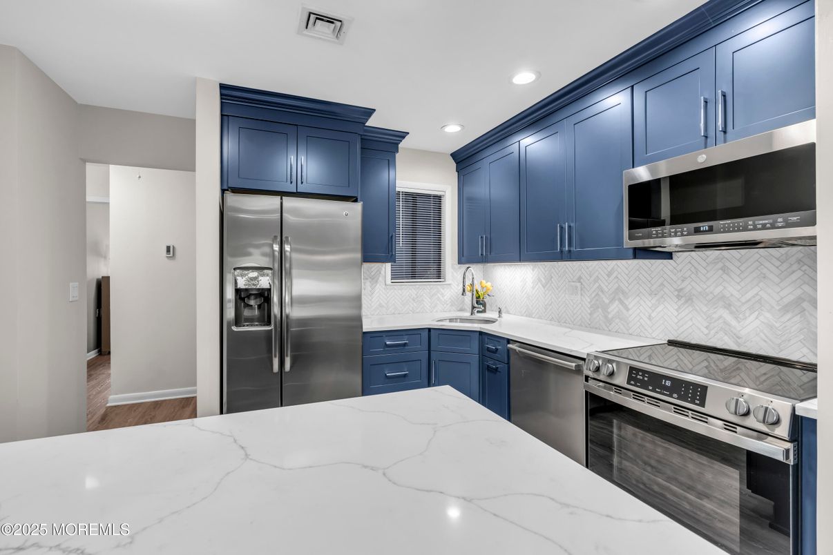 Interior, Kitchen, Recessed Lighting, Stainless Steel Appliances, Wood Texture Flooring