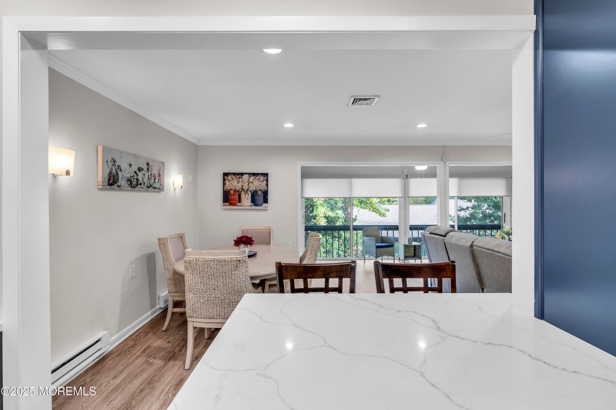 Dining room, Interior, Living room, Recessed Lighting, Wood Texture Flooring