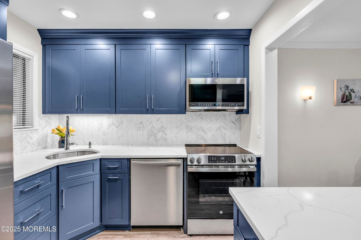 Interior, Kitchen, Recessed Lighting, Stainless Steel Appliances, Wood Texture Flooring