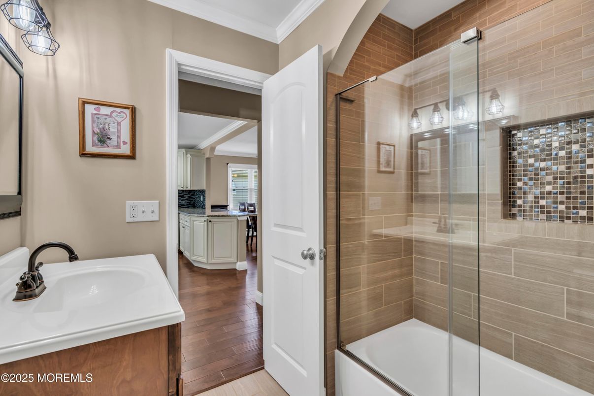 Bathroom, Glass Shower, Interior, Wood Texture Flooring