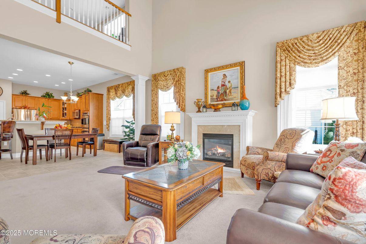 Dining room, Fireplace, Interior, Kitchen, Living room, Pendant Lights, Recessed Lighting