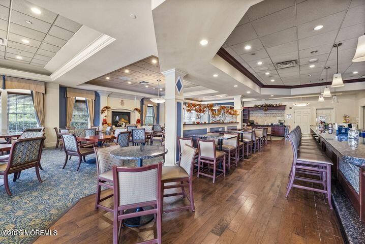 Dining room, Interior, Pendant Lights, Recessed Lighting, Wood Texture Flooring