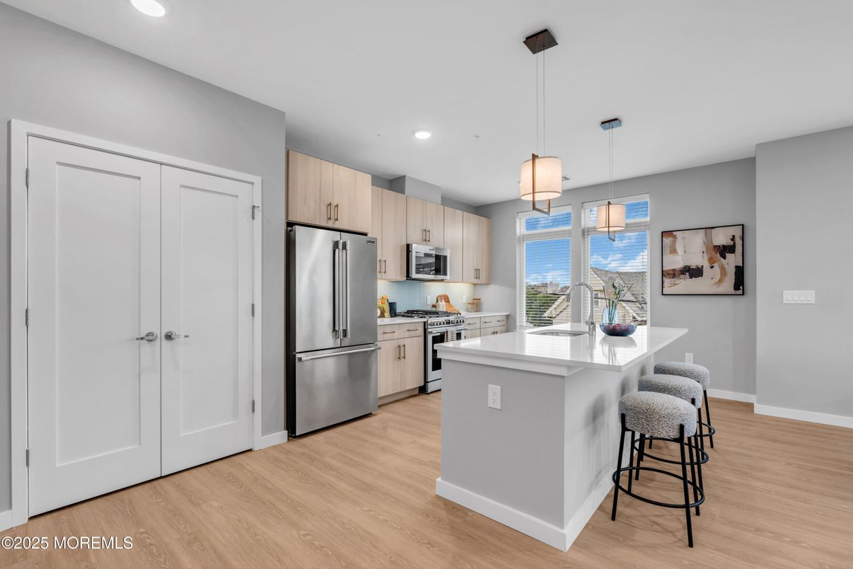 Interior, Kitchen, Pendant Lights, Recessed Lighting, Stainless Steel Appliances, Wood Texture Flooring