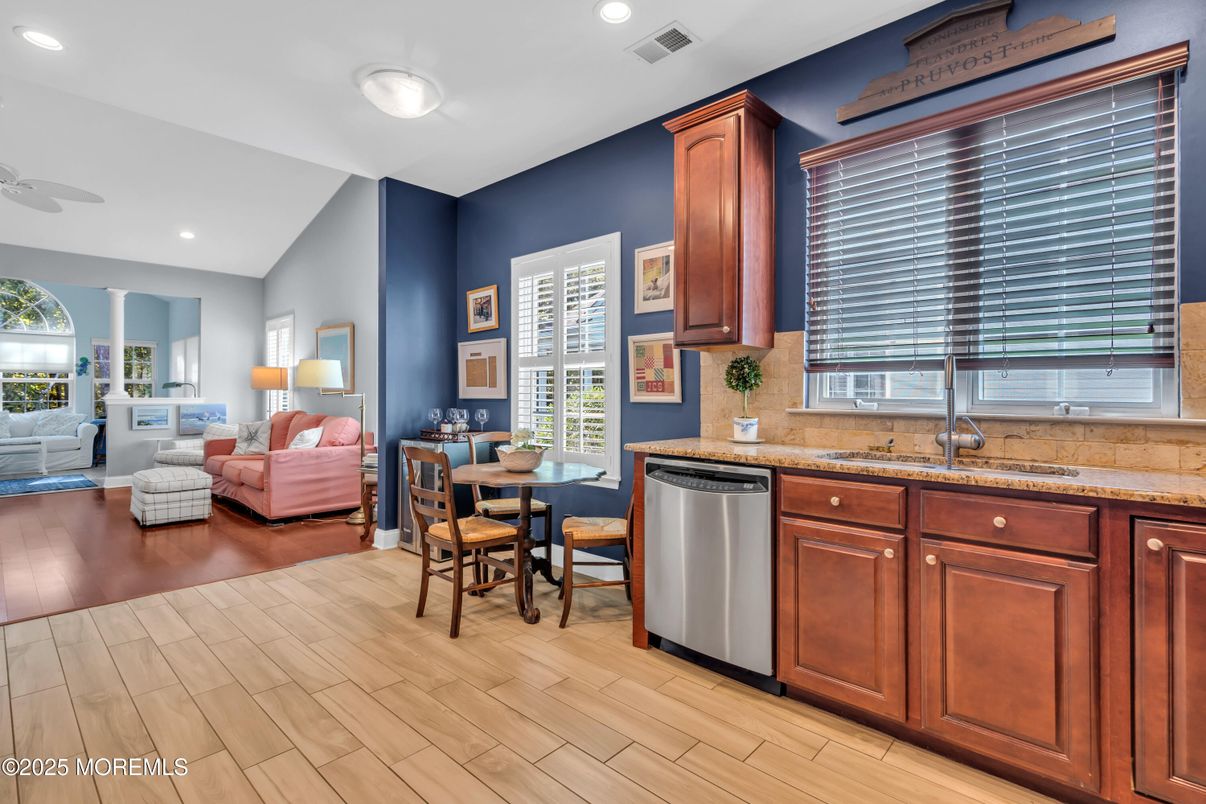 Dining room, Interior, Kitchen, Living room, Recessed Lighting, Wood Texture Flooring