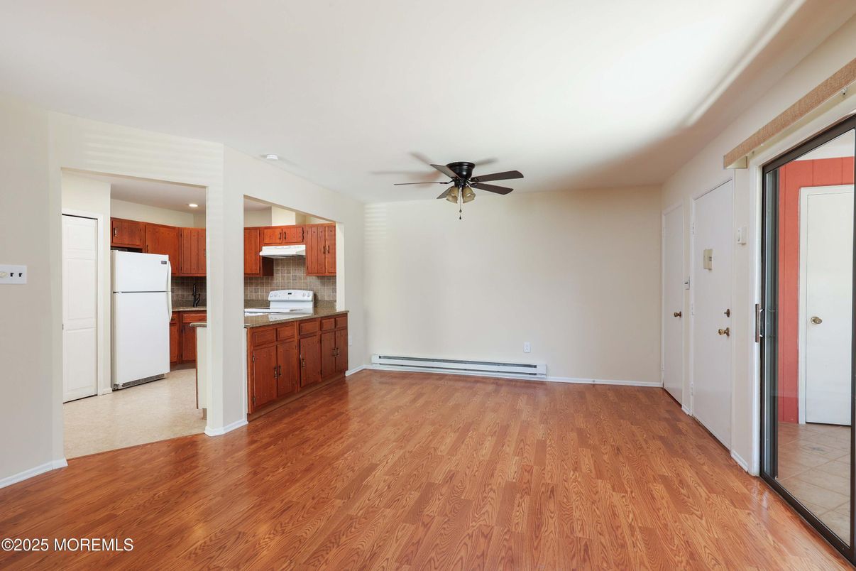 Empty room, Interior, Kitchen, Recessed Lighting, Wood Texture Flooring