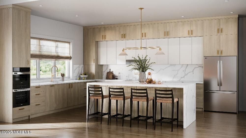 Interior, Kitchen, Marble Walls, Pendant Lights, Recessed Lighting, Stainless Steel Appliances, Wood Texture Flooring