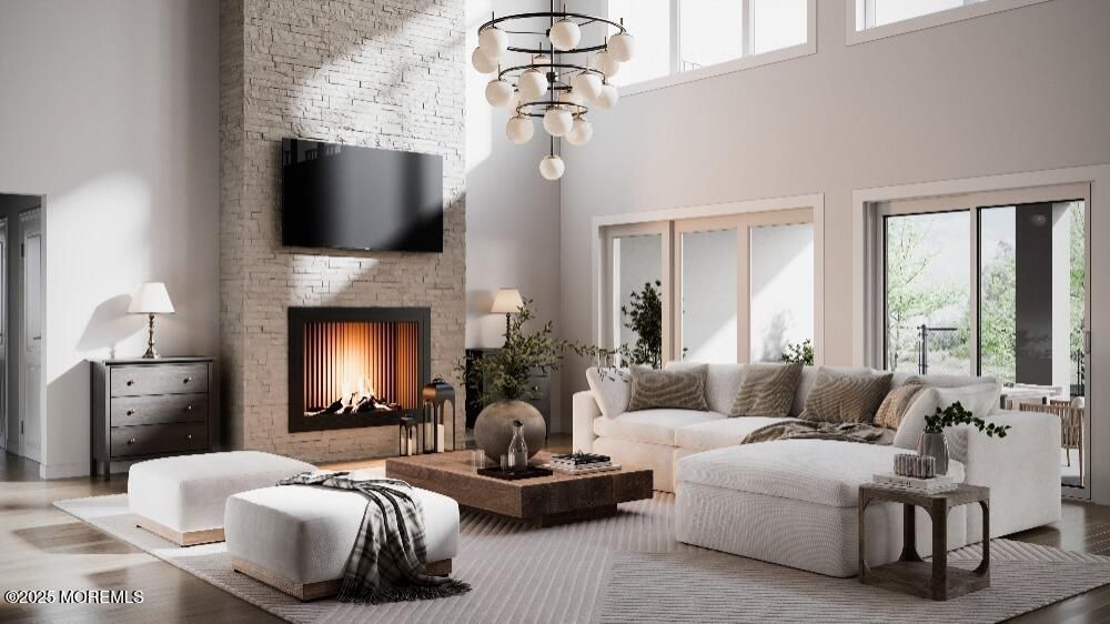 Fireplace, Interior, Living room, Pendant Lights, Stone Walls, Wood Texture Flooring