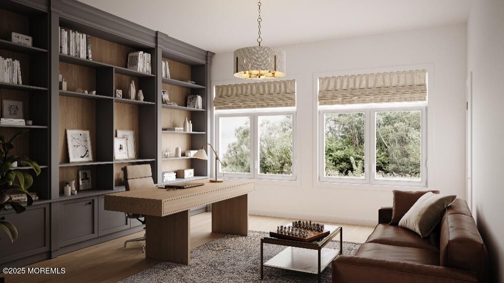 Chandelier, Home Office, Interior, Pendant Lights, Wood Texture Flooring