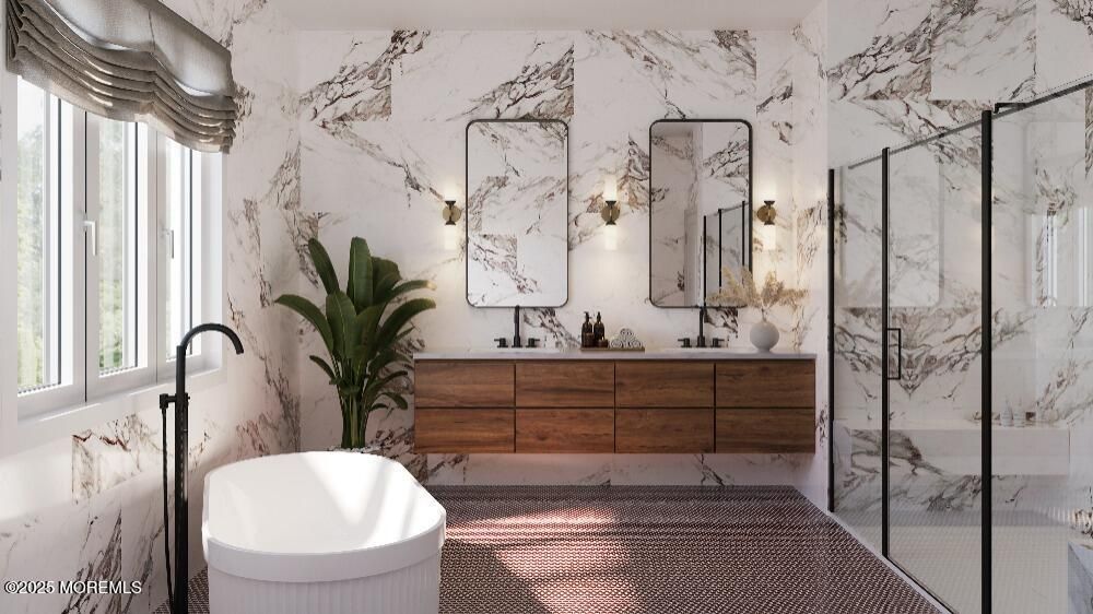 Bathroom, Dual Sink Vanities, Free Standing Baths, Glass Shower, Interior, Marble Walls