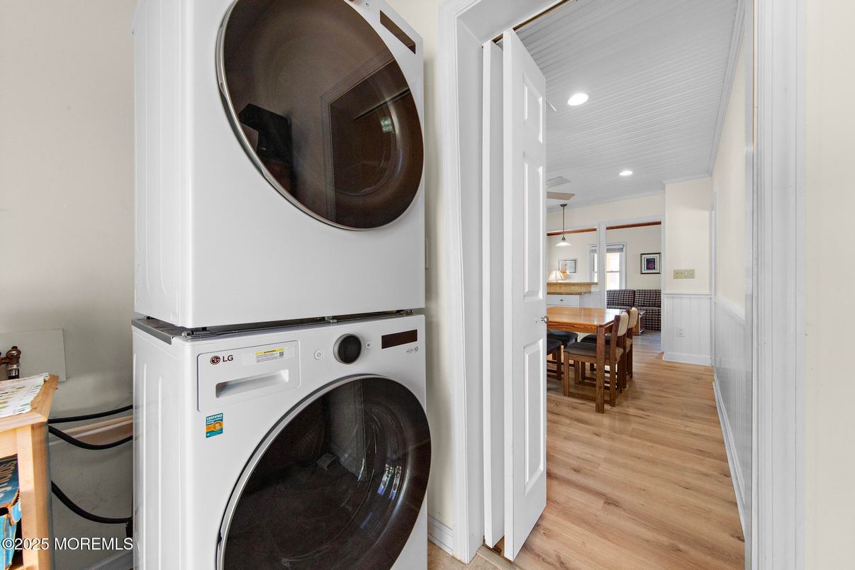 Dining room, Interior, Recessed Lighting, Utility Closets, Washer, Wood Texture Flooring