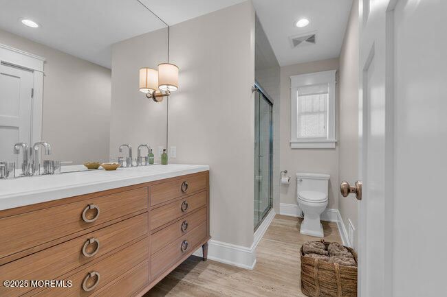 Bathroom, Glass Shower, Interior, Recessed Lighting, Wood Texture Flooring