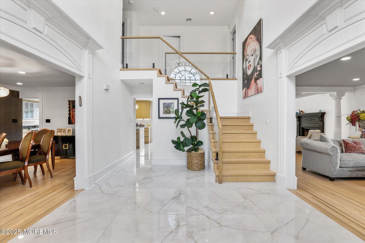 Dining room, Interior, Marble, Recessed Lighting, Wood Texture Flooring