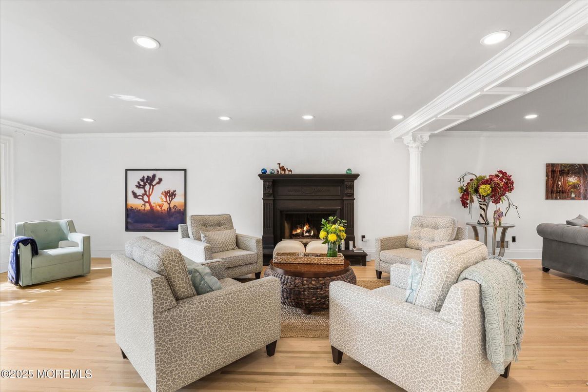 Fireplace, Interior, Living room, Recessed Lighting, Wood Texture Flooring