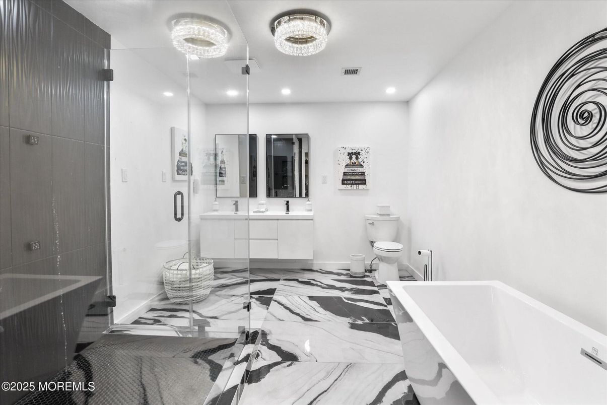 Bathroom, Glass Shower, Interior, Marble, Recessed Lighting