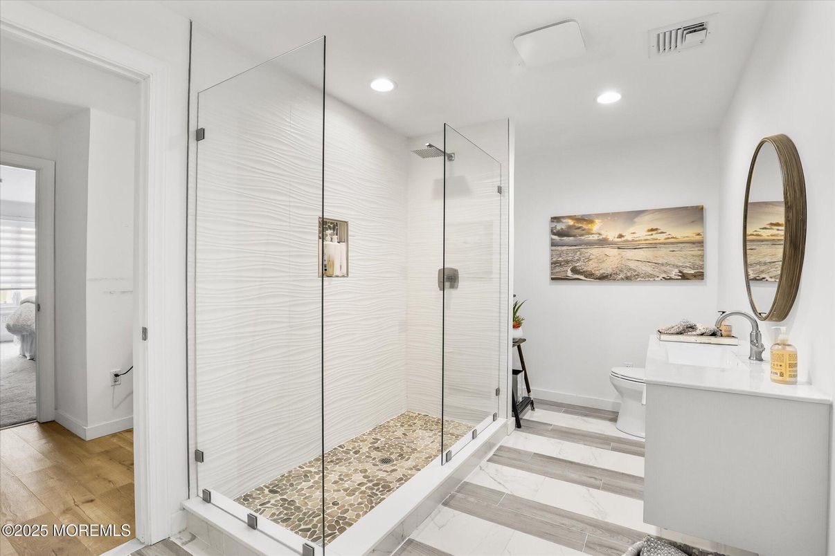 Bathroom, Glass Shower, Interior, Recessed Lighting, Wood Texture Flooring