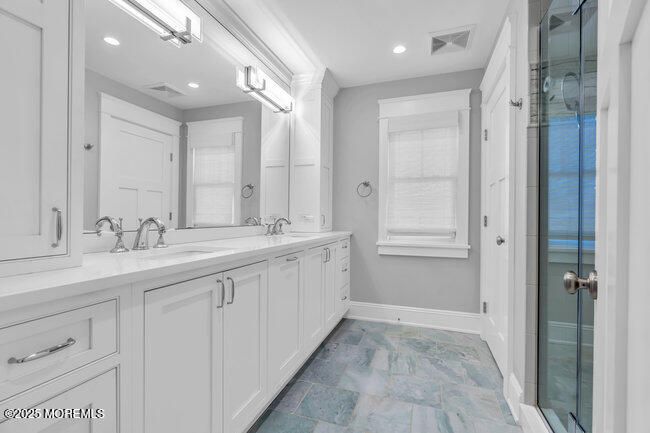 Bathroom, Dual Sink Vanities, Glass Shower, Interior, Recessed Lighting