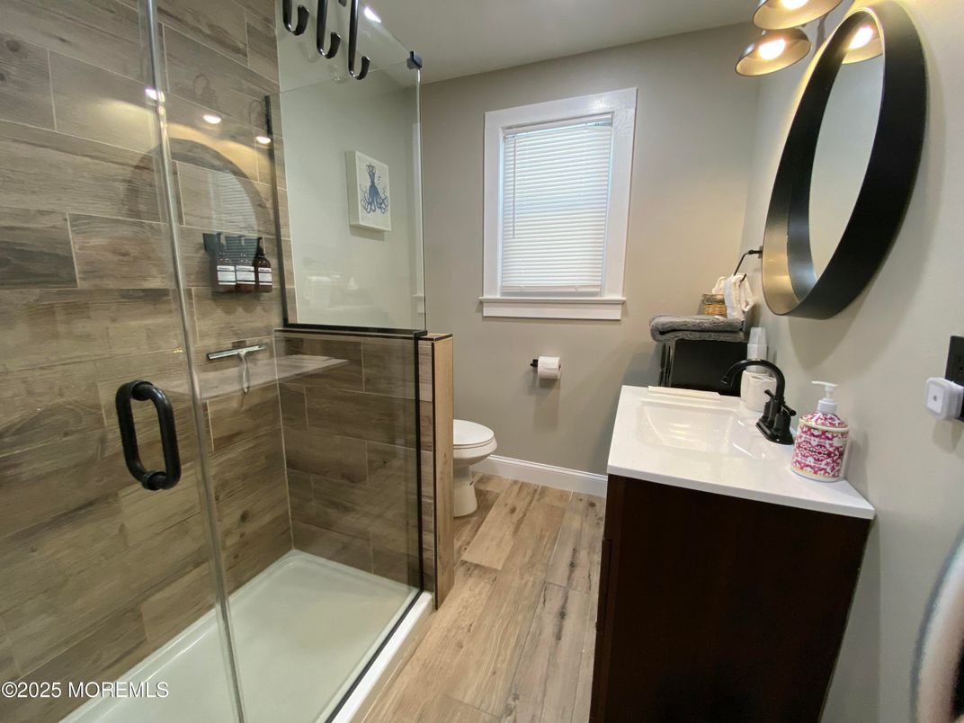 Bathroom, Glass Shower, Interior, Wood Texture Flooring