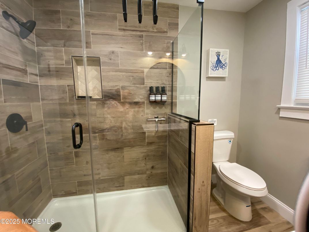 Bathroom, Glass Shower, Interior, Wood Texture Flooring