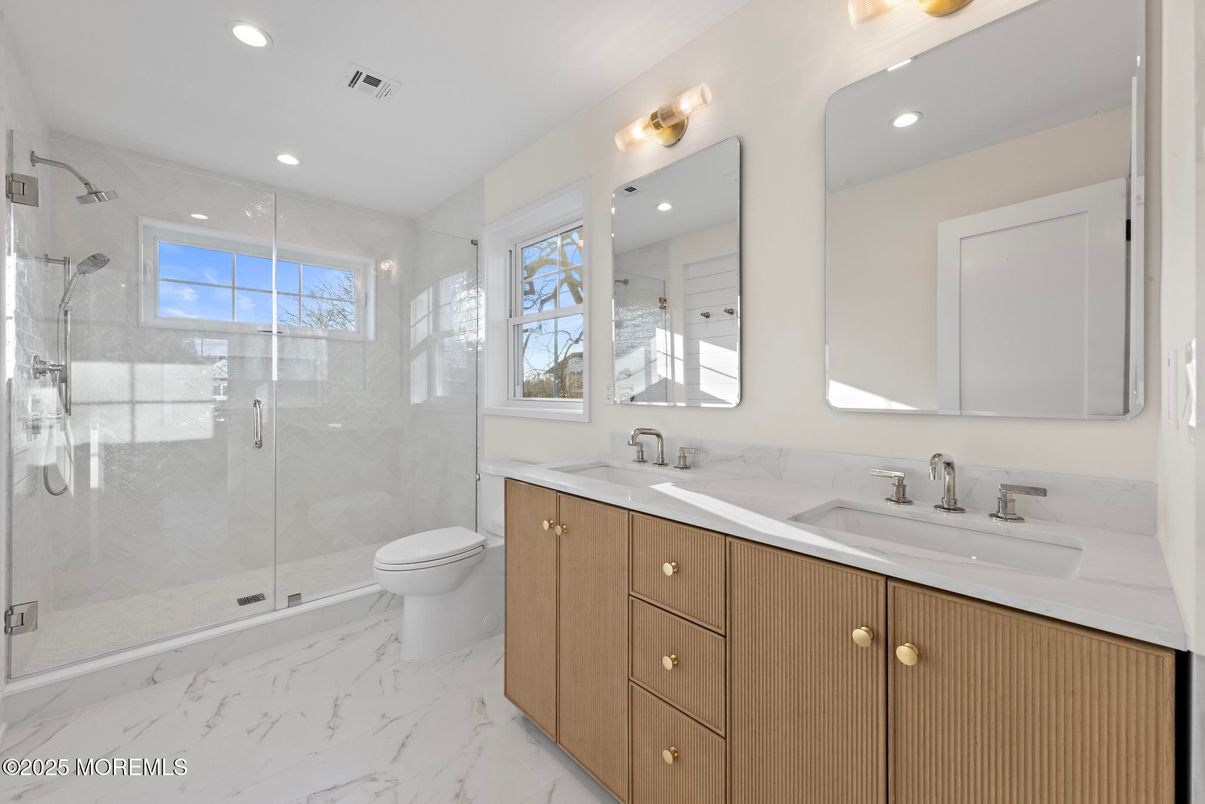 Bathroom, Dual Sink Vanities, Glass Shower, Interior, Marble, Recessed Lighting