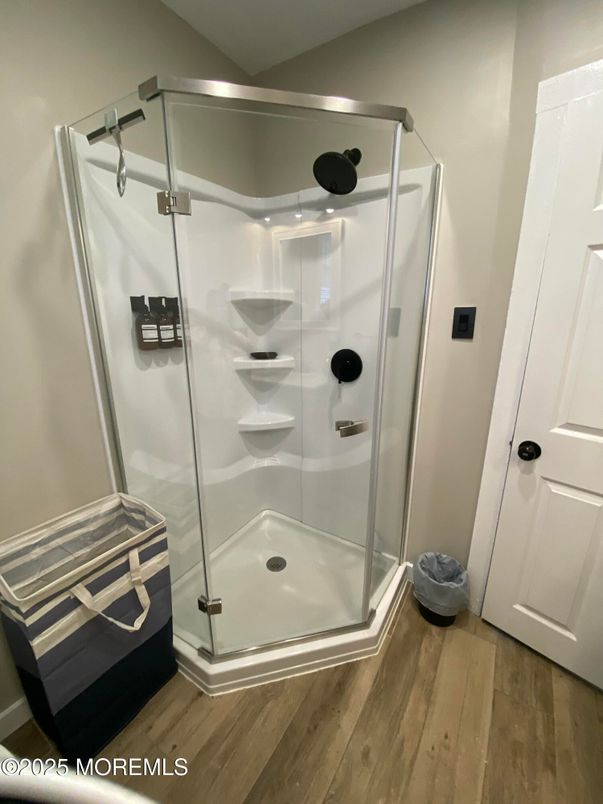 Bathroom, Glass Shower, Interior, Wood Texture Flooring