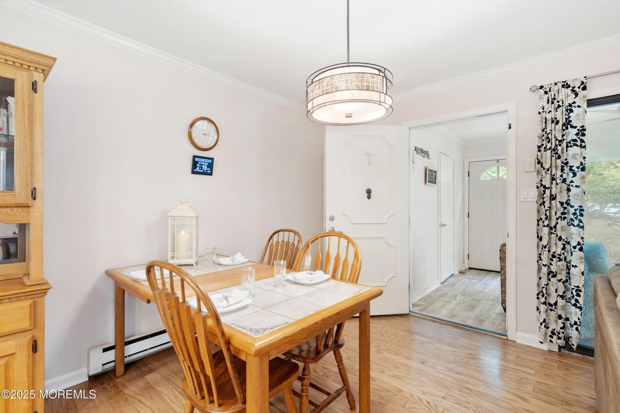 Dining room, Interior, Pendant Lights, Wood Texture Flooring