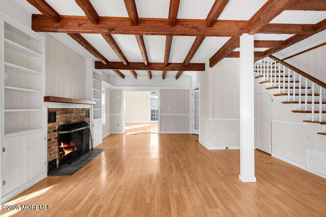 Empty room, Fireplace, Interior, Wooden Beams, Wood Texture Flooring