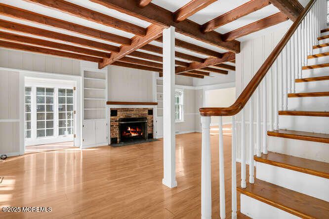 Empty room, Fireplace, Interior, Wooden Beams, Wood Texture Flooring