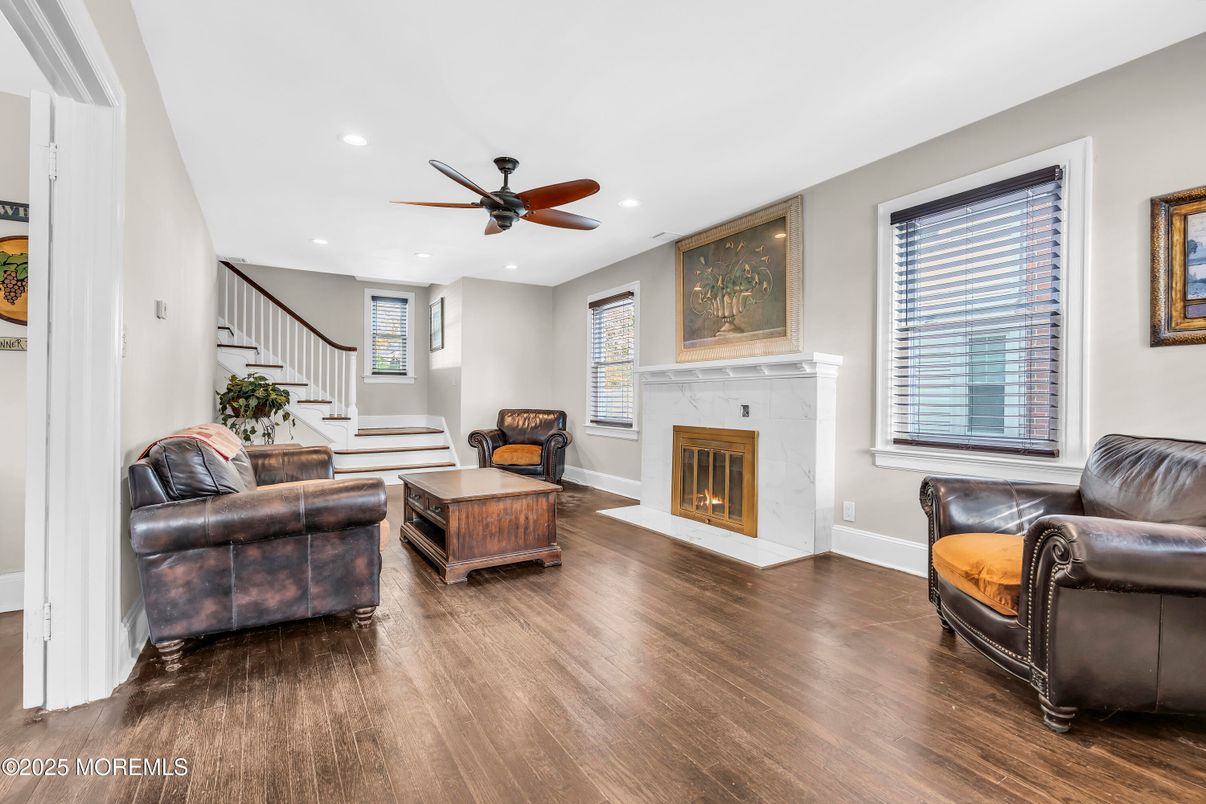 Fireplace, Interior, Living room, Recessed Lighting, Wood Texture Flooring