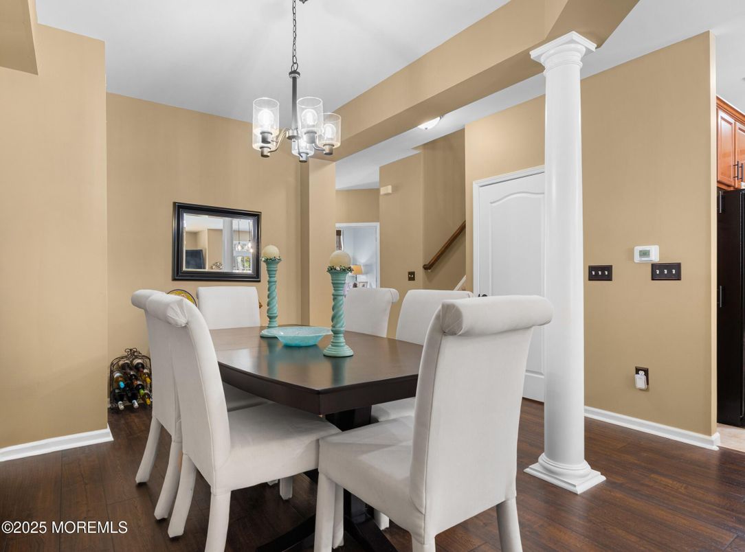 Chandelier, Dining room, Interior, Pendant Lights, Recessed Lighting, Wood Texture Flooring