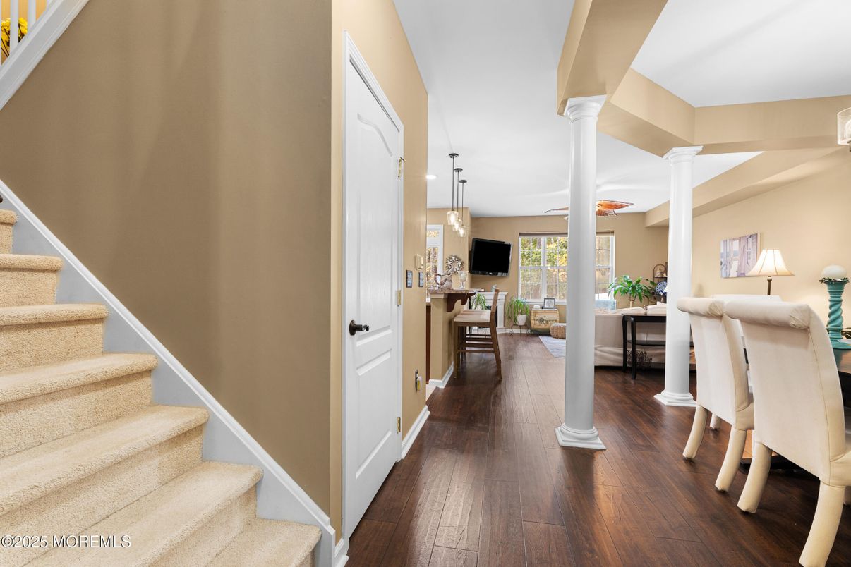 Dining room, Interior, Pendant Lights, Wood Texture Flooring