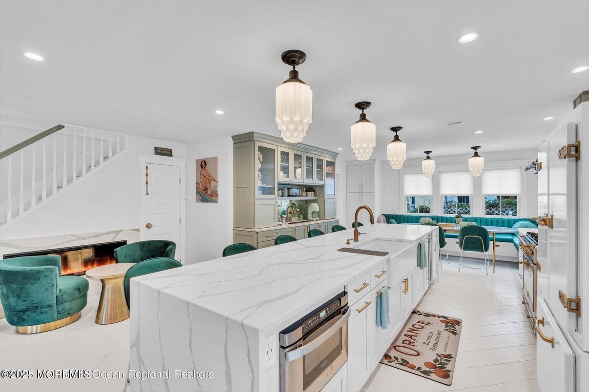 Dining room, Fireplace, Interior, Kitchen, Pendant Lights, Recessed Lighting