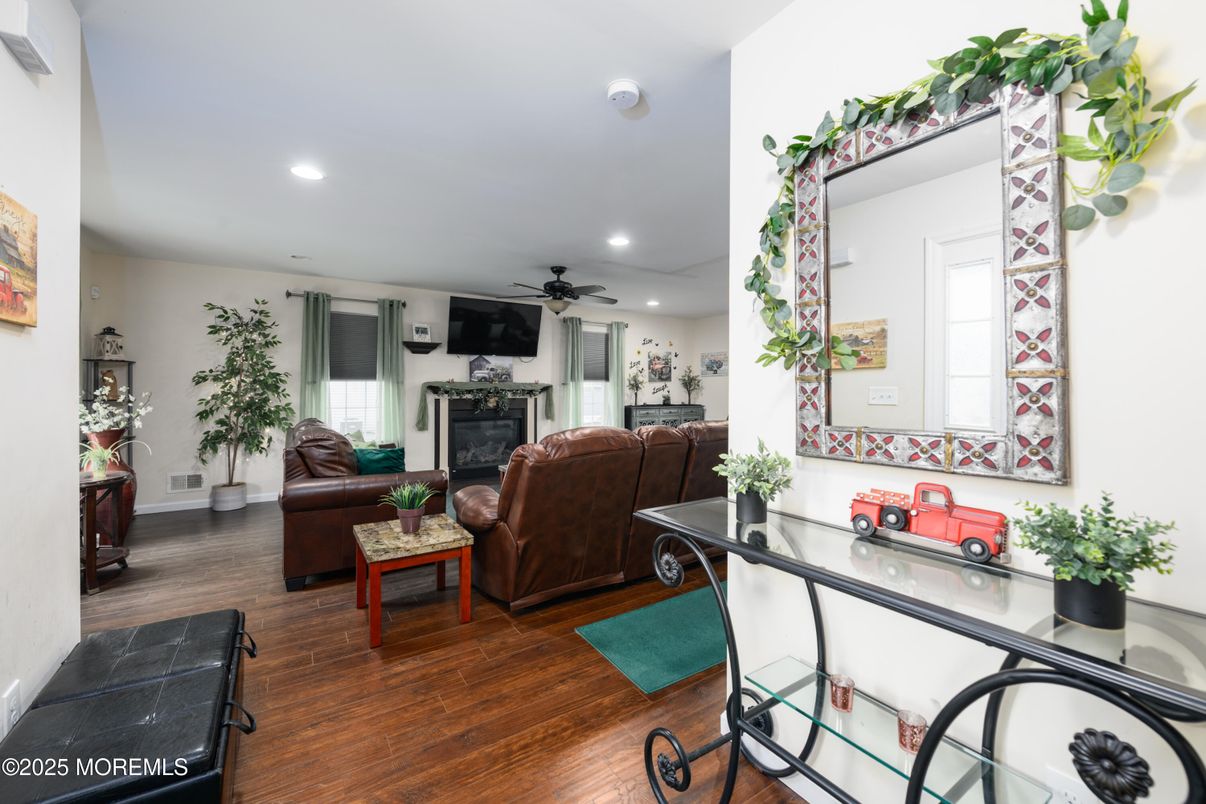 Fireplace, Interior, Living room, Recessed Lighting, Wood Texture Flooring