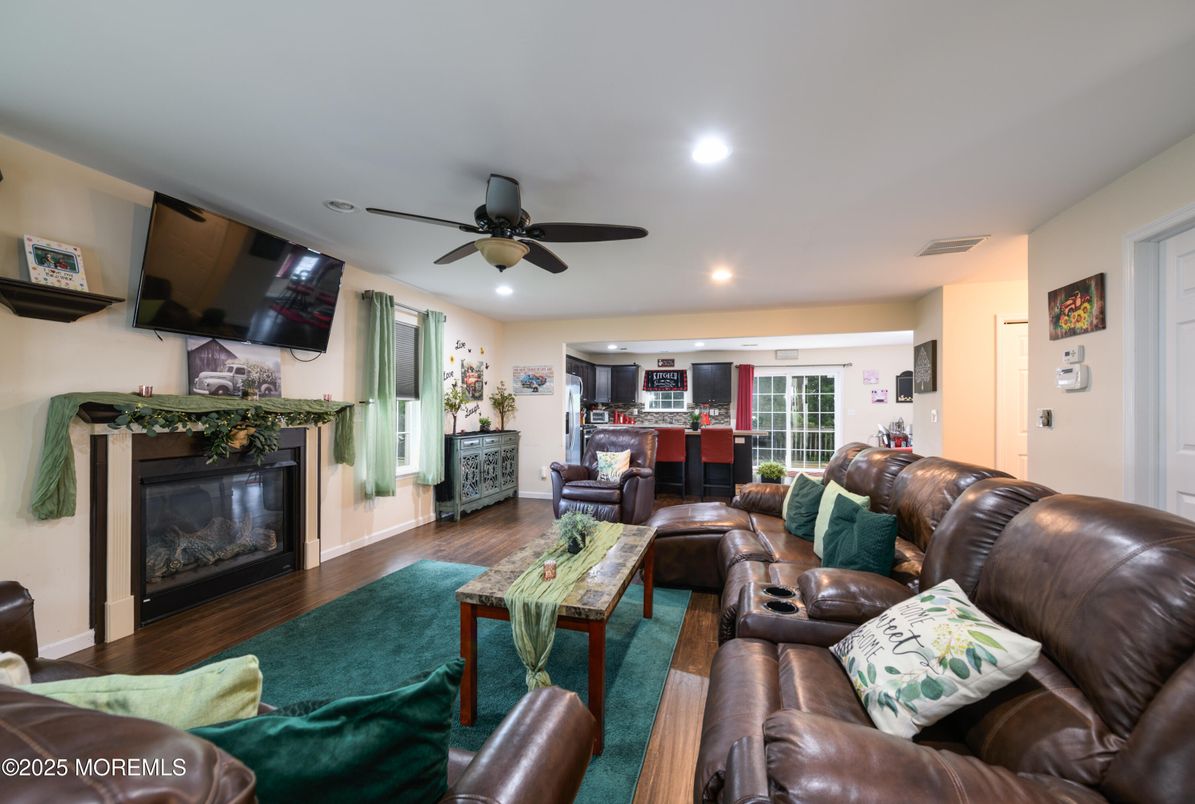 Fireplace, Interior, Living room, Recessed Lighting, Wood Texture Flooring