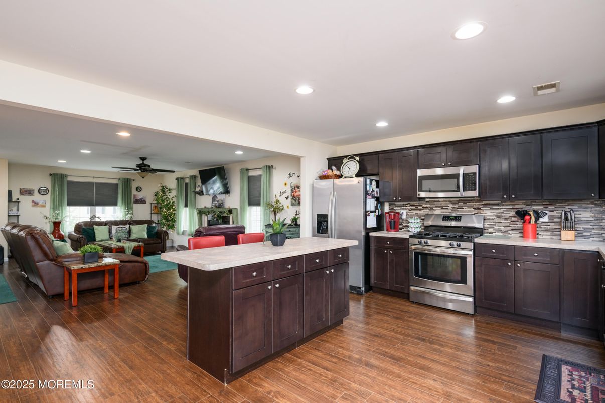 Interior, Kitchen, Living room, Recessed Lighting, Stainless Steel Appliances, Wood Texture Flooring