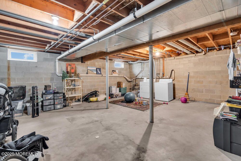 Fitness Equipment, Garage, Interior, Stone Walls, Washer, Wooden Beams