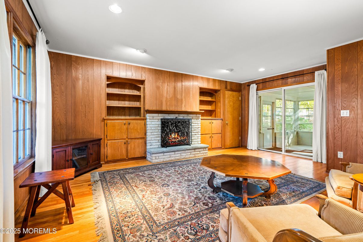 Fireplace, Interior, Recessed Lighting, Wood Texture Flooring, Wooden Walls