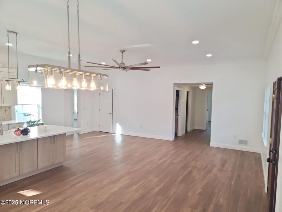 Empty room, Interior, Kitchen, Pendant Lights, Recessed Lighting, Wood Texture Flooring