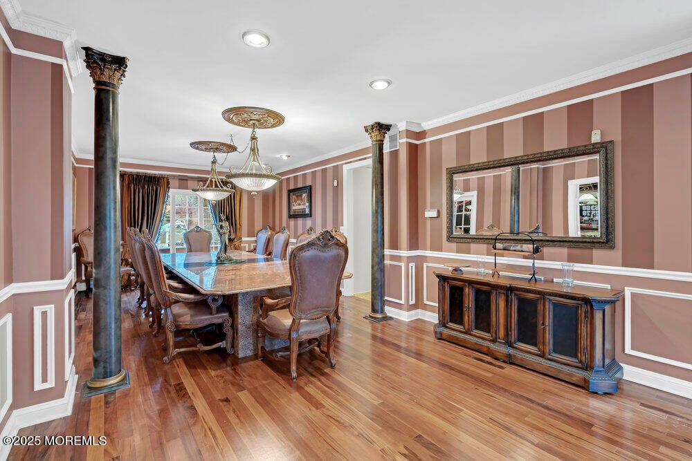 Dining room, Fireplace, Interior, Pendant Lights, Recessed Lighting, Wood Texture Flooring
