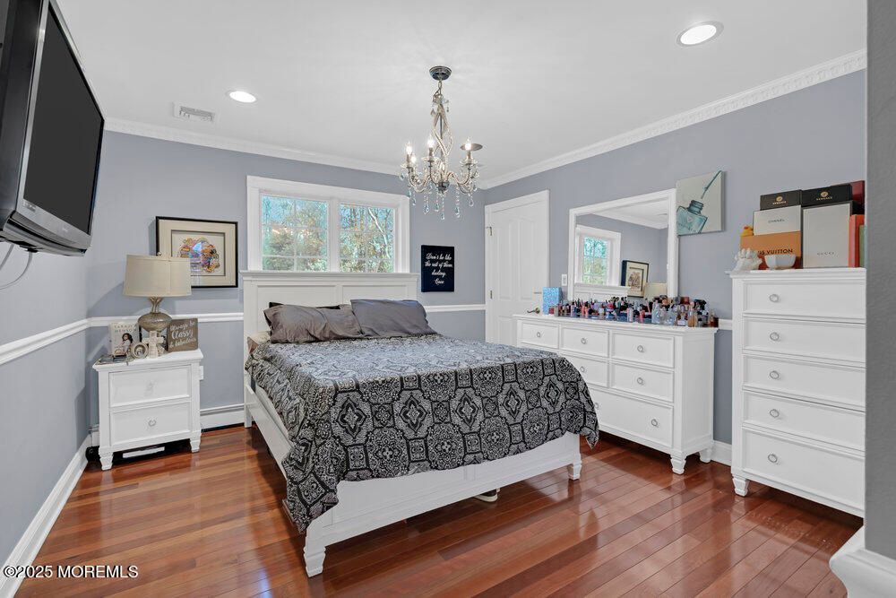 Bedroom, Chandelier, Interior, Recessed Lighting, Wood Texture Flooring