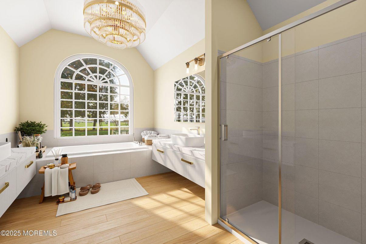 Bathroom, Chandelier, Glass Shower, Interior, Wood Texture Flooring