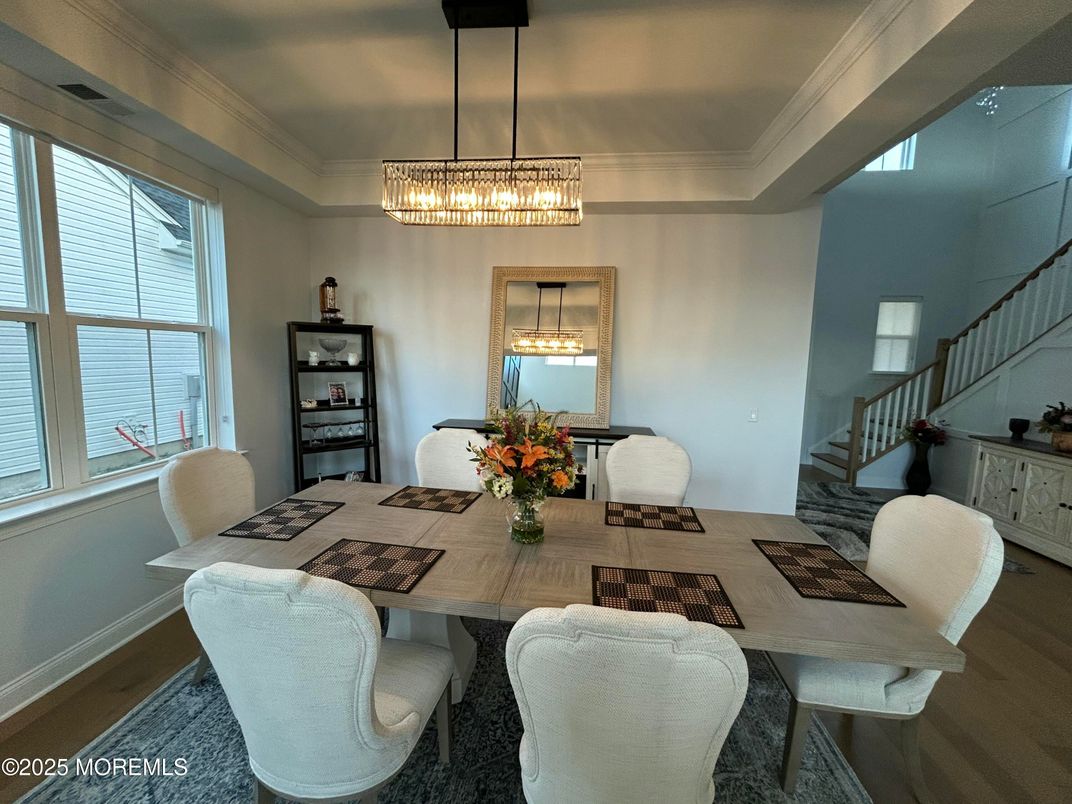 Chandelier, Dining room, Interior, Pendant Lights, Wood Texture Flooring