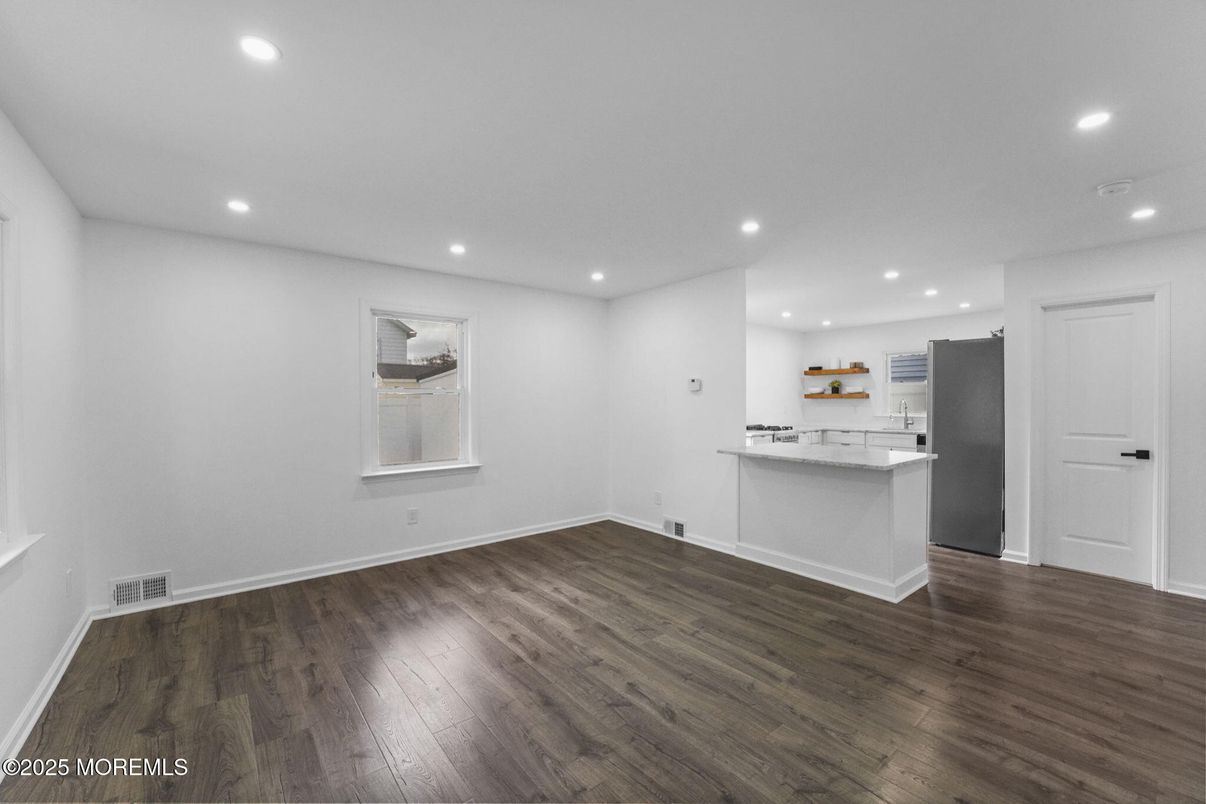Empty room, Interior, Kitchen, Recessed Lighting, Wood Texture Flooring