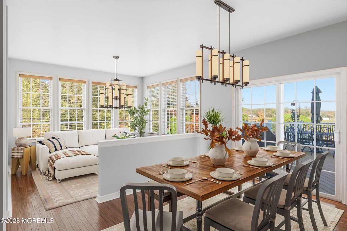 Dining room, Interior, Living room, Pendant Lights, Wood Texture Flooring