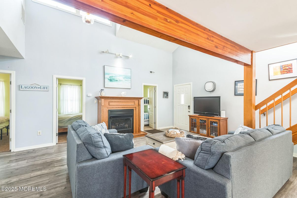 Fireplace, Interior, Living room, Wooden Beams, Wood Texture Flooring