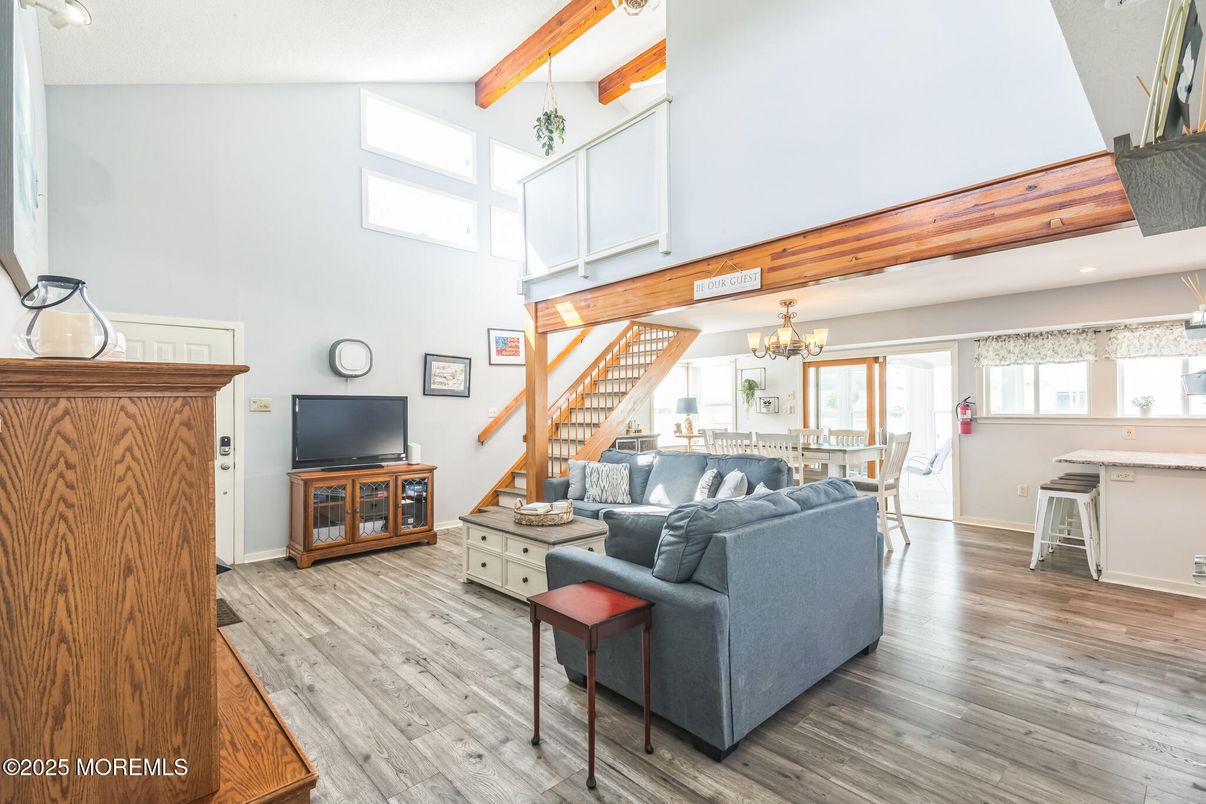 Chandelier, Dining room, Interior, Living room, Recessed Lighting, Wooden Beams, Wood Texture Flooring