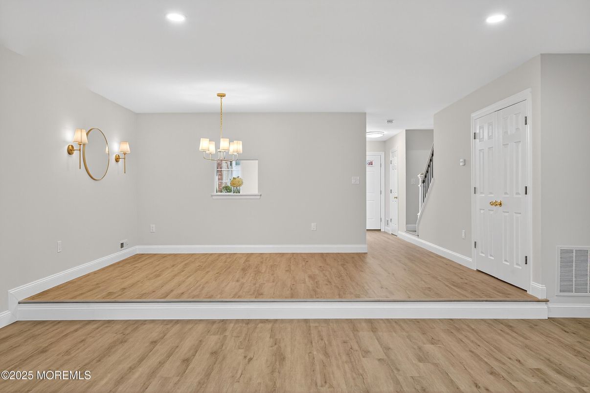 Chandelier, Empty room, Interior, Recessed Lighting, Wood Texture Flooring