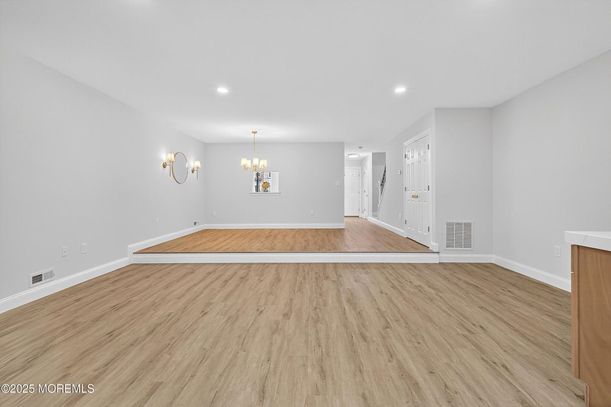 Chandelier, Empty room, Interior, Recessed Lighting, Wood Texture Flooring