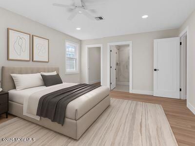 Bathroom, Bedroom, Glass Shower, Interior, Recessed Lighting, Wood Texture Flooring